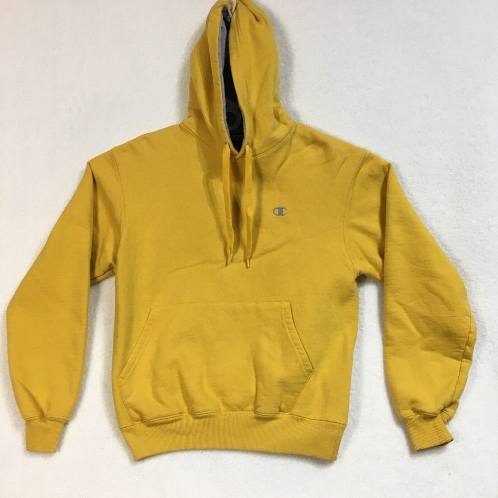 Champion Hoodie Men Sz M Yellow Sweatshirt Pullover Logo Heavy Cotton Skater